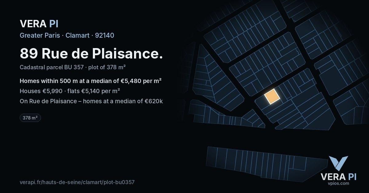 89 Rue de Plaisance, Clamart at night – the plot lit, the parcels around coloured by the prices near them