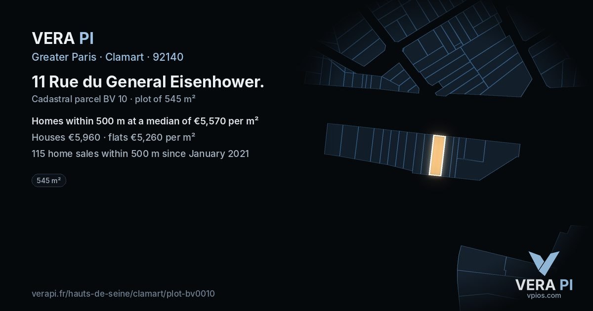 11 Rue du General Eisenhower, Clamart at night – the plot lit, the parcels around coloured by the prices near them