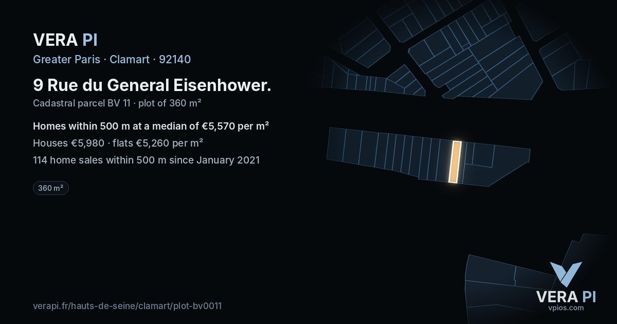 9 Rue du General Eisenhower, Clamart at night – the plot lit, the parcels around coloured by the prices near them