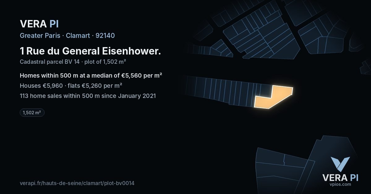 1 Rue du General Eisenhower, Clamart at night – the plot lit, the parcels around coloured by the prices near them