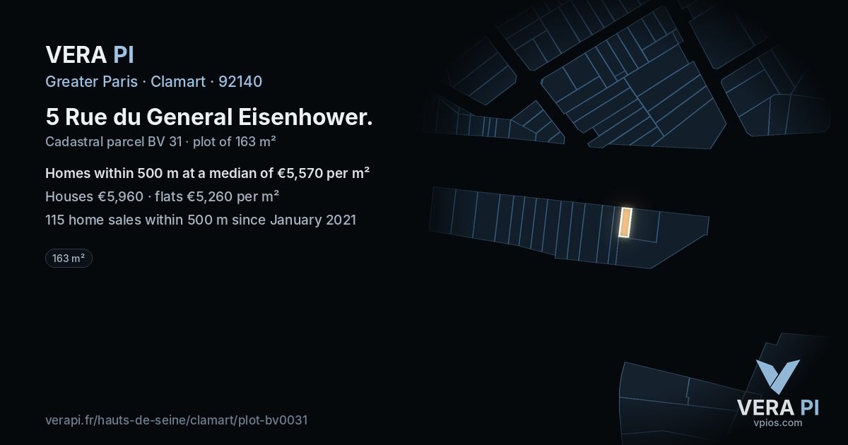 5 Rue du General Eisenhower, Clamart at night – the plot lit, the parcels around coloured by the prices near them