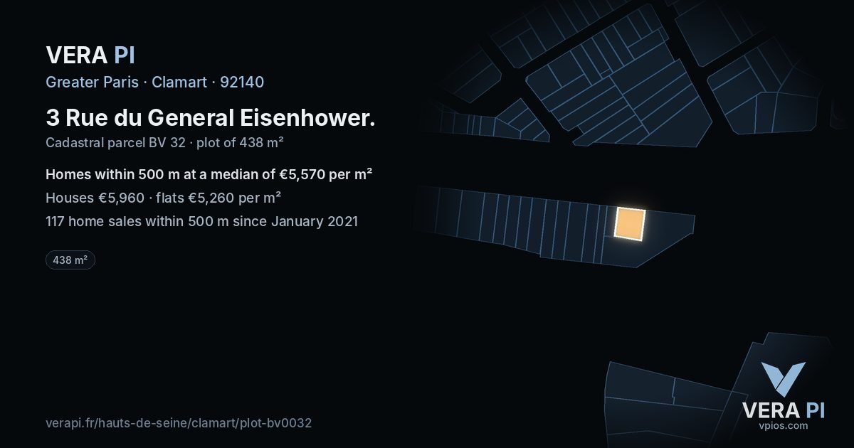 3 Rue du General Eisenhower, Clamart at night – the plot lit, the parcels around coloured by the prices near them
