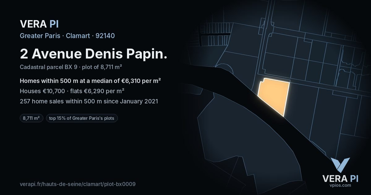 2 Avenue Denis Papin, Clamart at night – the plot lit, the parcels around coloured by the prices near them