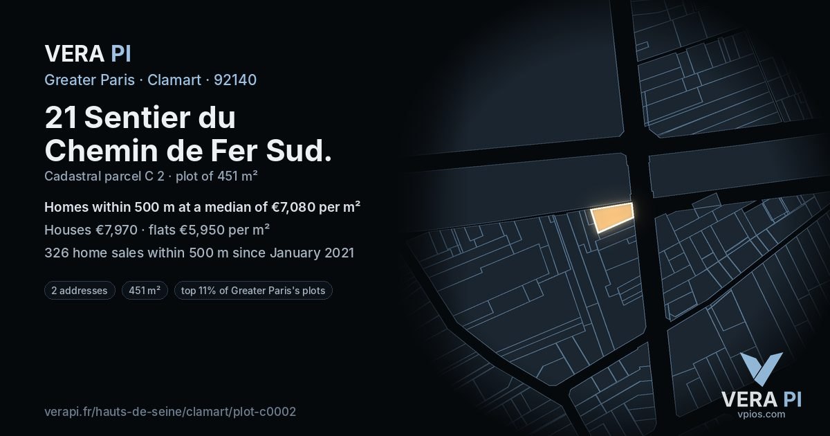 21 Sentier du Chemin de Fer Sud, Clamart at night – the plot lit, the parcels around coloured by the prices near them