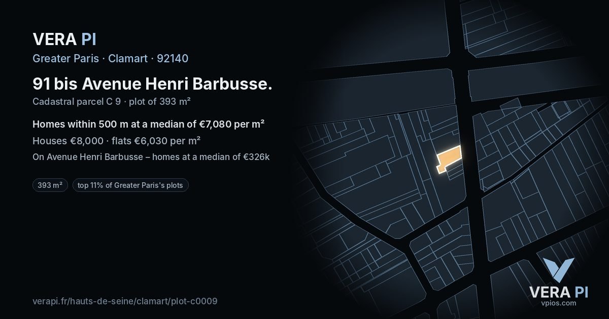 91 bis Avenue Henri Barbusse, Clamart at night – the plot lit, the parcels around coloured by the prices near them