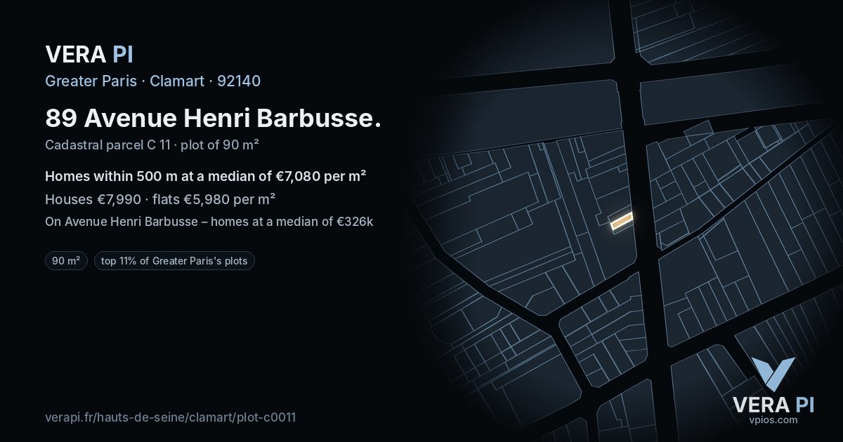 89 Avenue Henri Barbusse, Clamart at night – the plot lit, the parcels around coloured by the prices near them