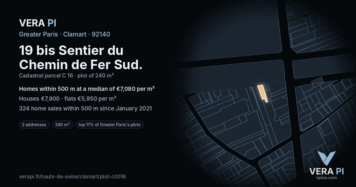 19 bis Sentier du Chemin de Fer Sud, Clamart at night – the plot lit, the parcels around coloured by the prices near them