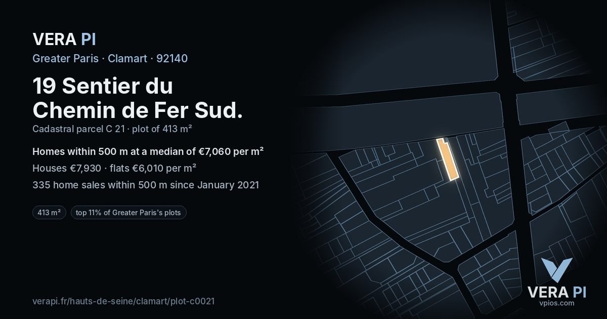 19 Sentier du Chemin de Fer Sud, Clamart at night – the plot lit, the parcels around coloured by the prices near them