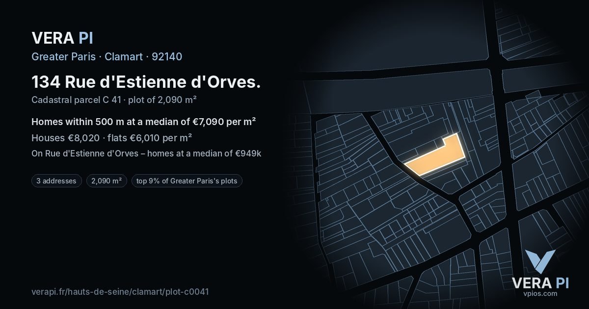 134 Rue d'Estienne d'Orves, Clamart at night – the plot lit, the parcels around coloured by the prices near them