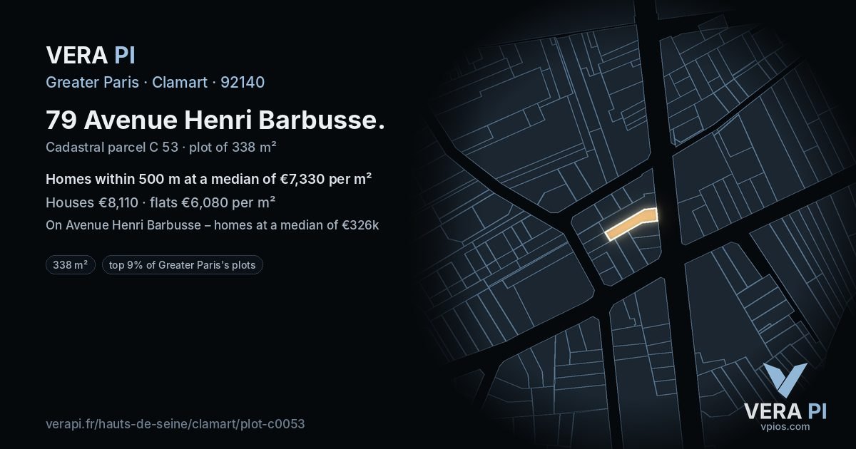 79 Avenue Henri Barbusse, Clamart at night – the plot lit, the parcels around coloured by the prices near them