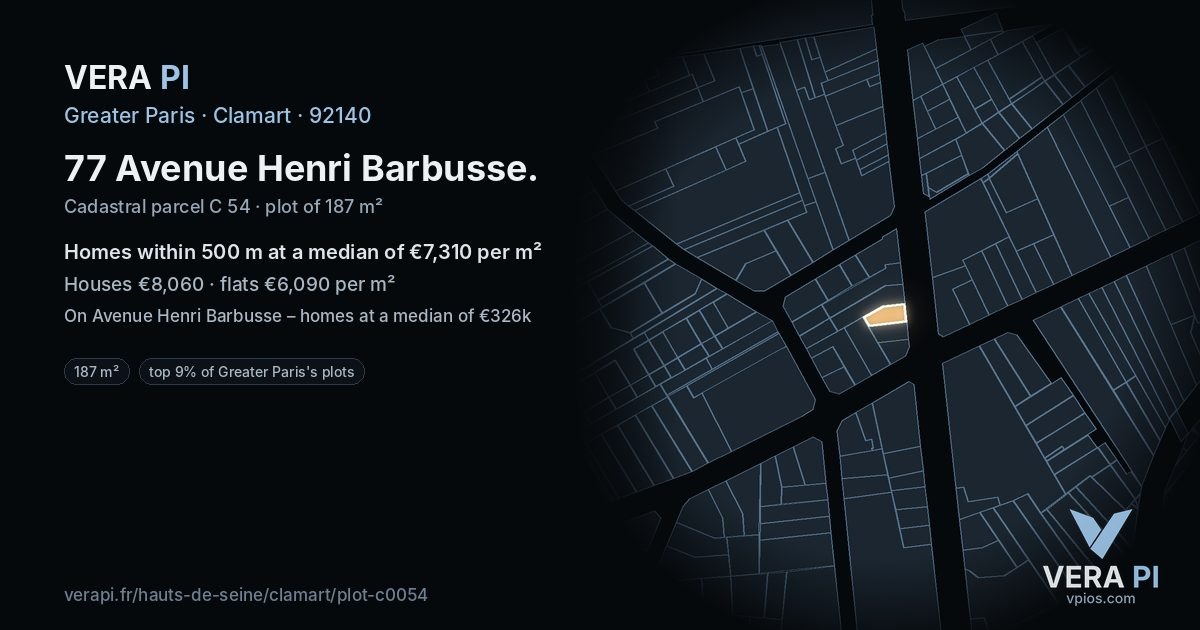 77 Avenue Henri Barbusse, Clamart at night – the plot lit, the parcels around coloured by the prices near them