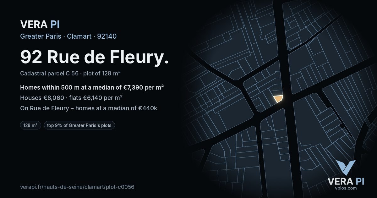 92 Rue de Fleury, Clamart at night – the plot lit, the parcels around coloured by the prices near them
