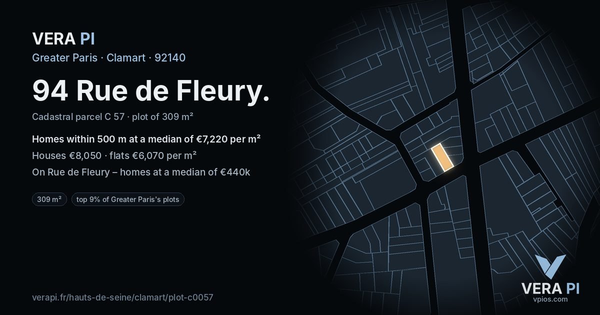 94 Rue de Fleury, Clamart at night – the plot lit, the parcels around coloured by the prices near them