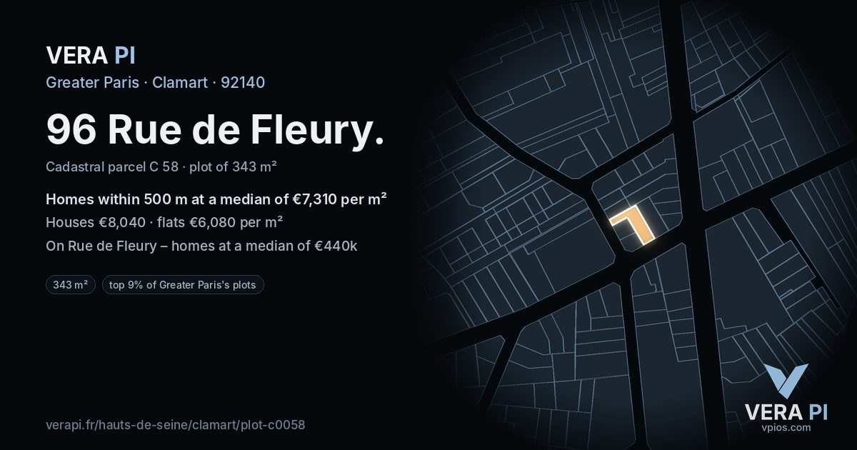 96 Rue de Fleury, Clamart at night – the plot lit, the parcels around coloured by the prices near them