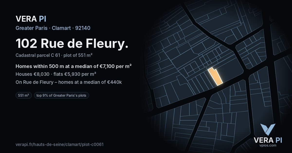 102 Rue de Fleury, Clamart at night – the plot lit, the parcels around coloured by the prices near them