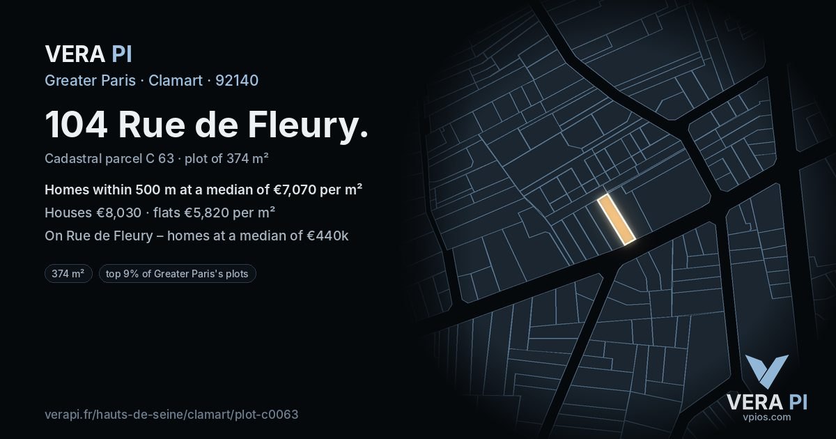 104 Rue de Fleury, Clamart at night – the plot lit, the parcels around coloured by the prices near them
