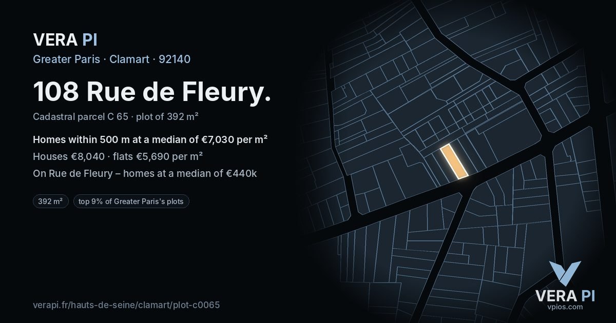 108 Rue de Fleury, Clamart at night – the plot lit, the parcels around coloured by the prices near them