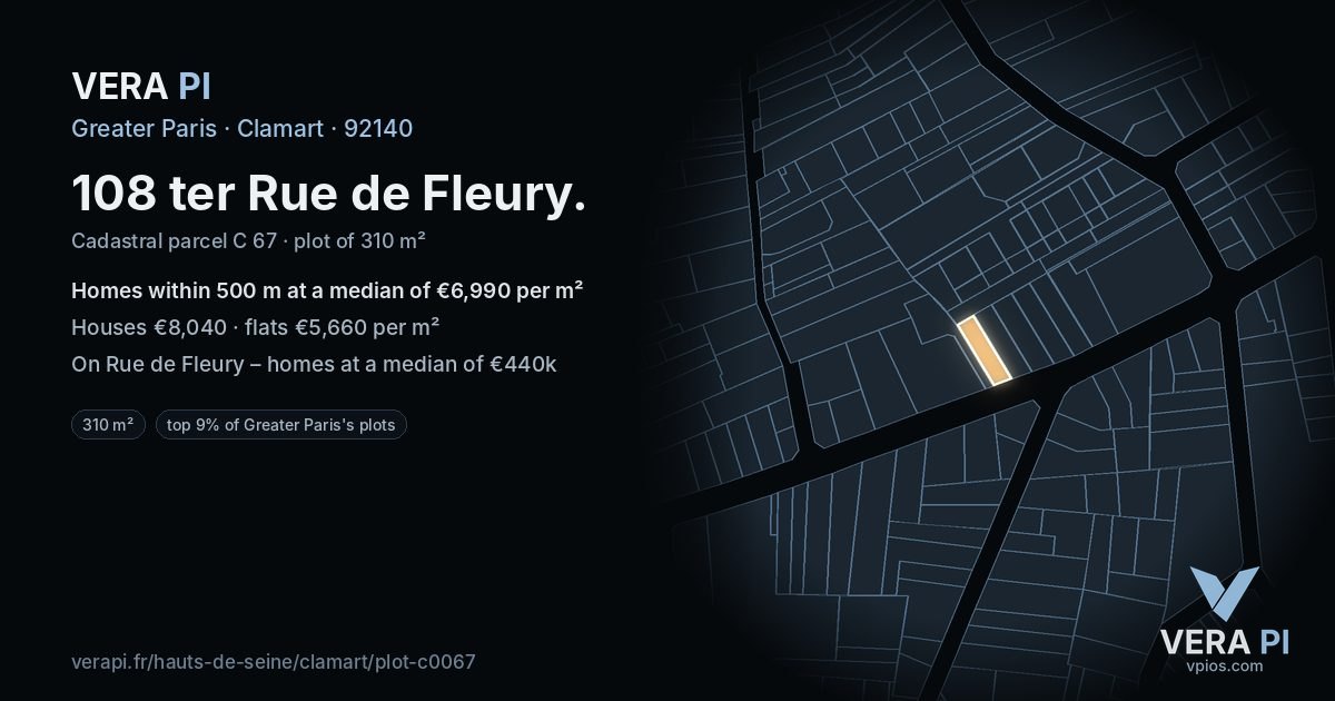 108 ter Rue de Fleury, Clamart at night – the plot lit, the parcels around coloured by the prices near them