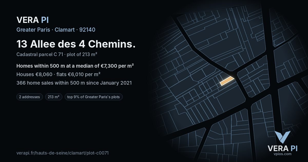 13 Allee des 4 Chemins, Clamart at night – the plot lit, the parcels around coloured by the prices near them