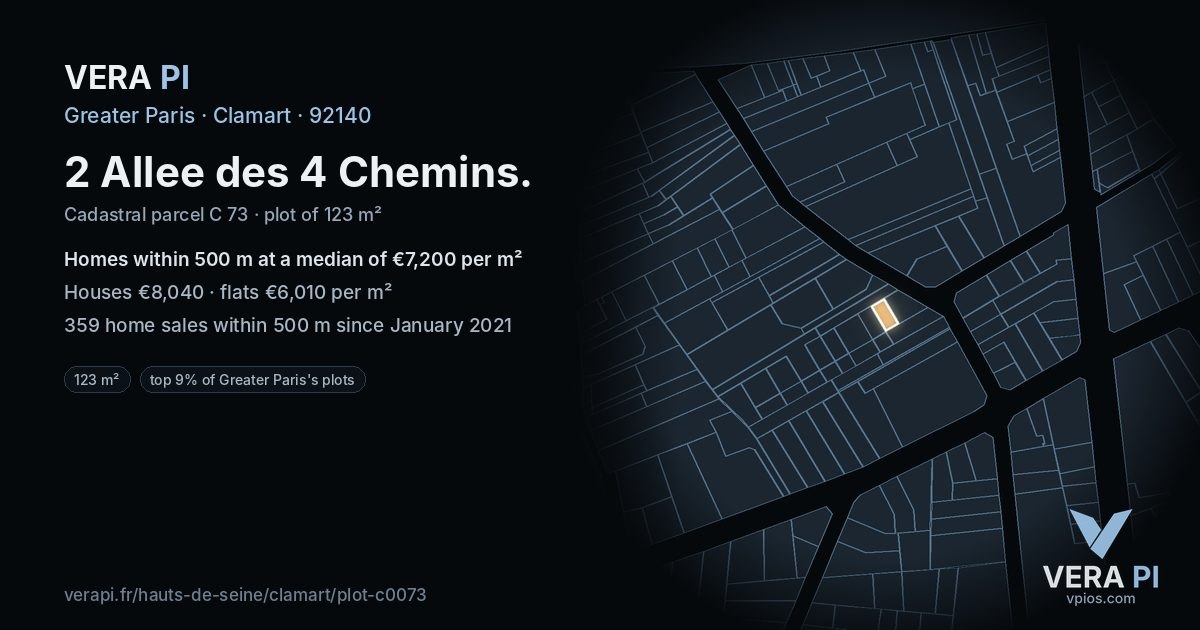 2 Allee des 4 Chemins, Clamart at night – the plot lit, the parcels around coloured by the prices near them