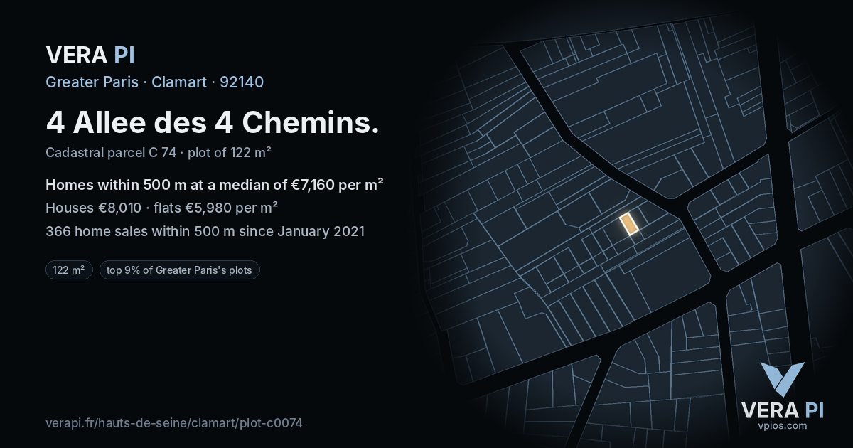 4 Allee des 4 Chemins, Clamart at night – the plot lit, the parcels around coloured by the prices near them