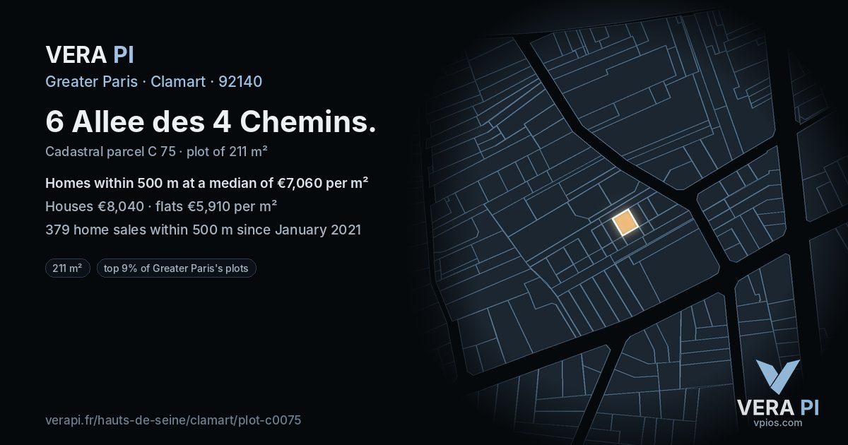 6 Allee des 4 Chemins, Clamart at night – the plot lit, the parcels around coloured by the prices near them