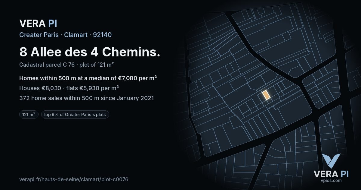 8 Allee des 4 Chemins, Clamart at night – the plot lit, the parcels around coloured by the prices near them
