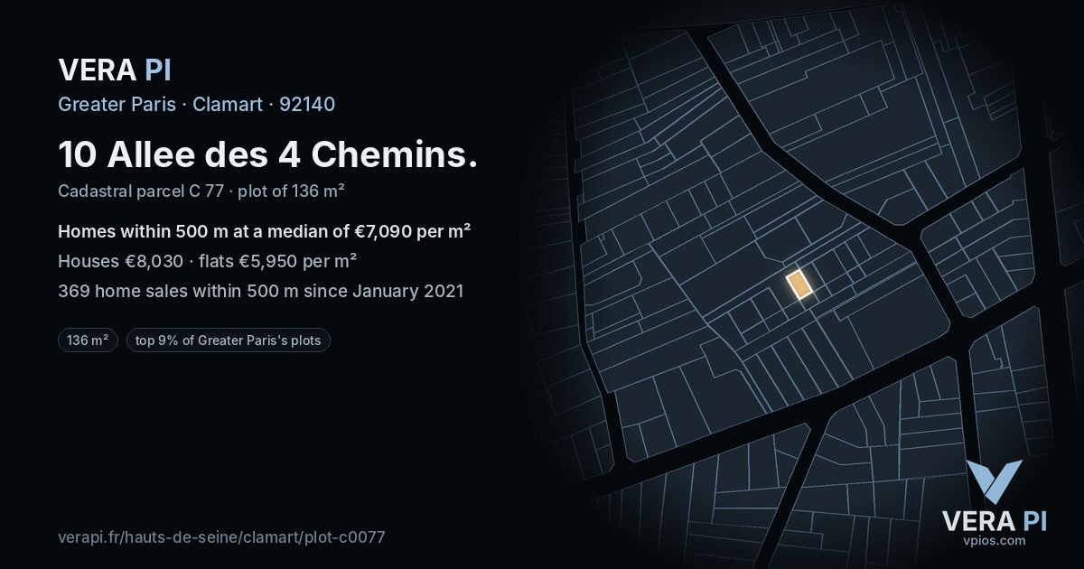 10 Allee des 4 Chemins, Clamart at night – the plot lit, the parcels around coloured by the prices near them