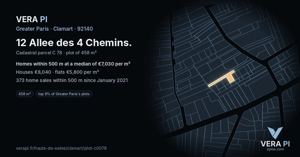 12 Allee des 4 Chemins, Clamart at night – the plot lit, the parcels around coloured by the prices near them