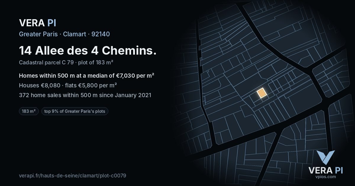 14 Allee des 4 Chemins, Clamart at night – the plot lit, the parcels around coloured by the prices near them