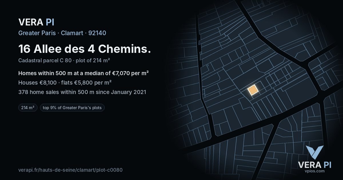 16 Allee des 4 Chemins, Clamart at night – the plot lit, the parcels around coloured by the prices near them