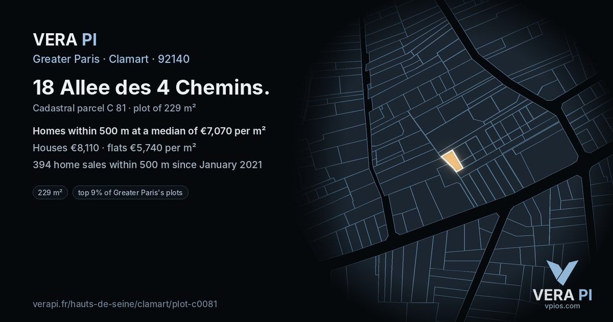 18 Allee des 4 Chemins, Clamart at night – the plot lit, the parcels around coloured by the prices near them