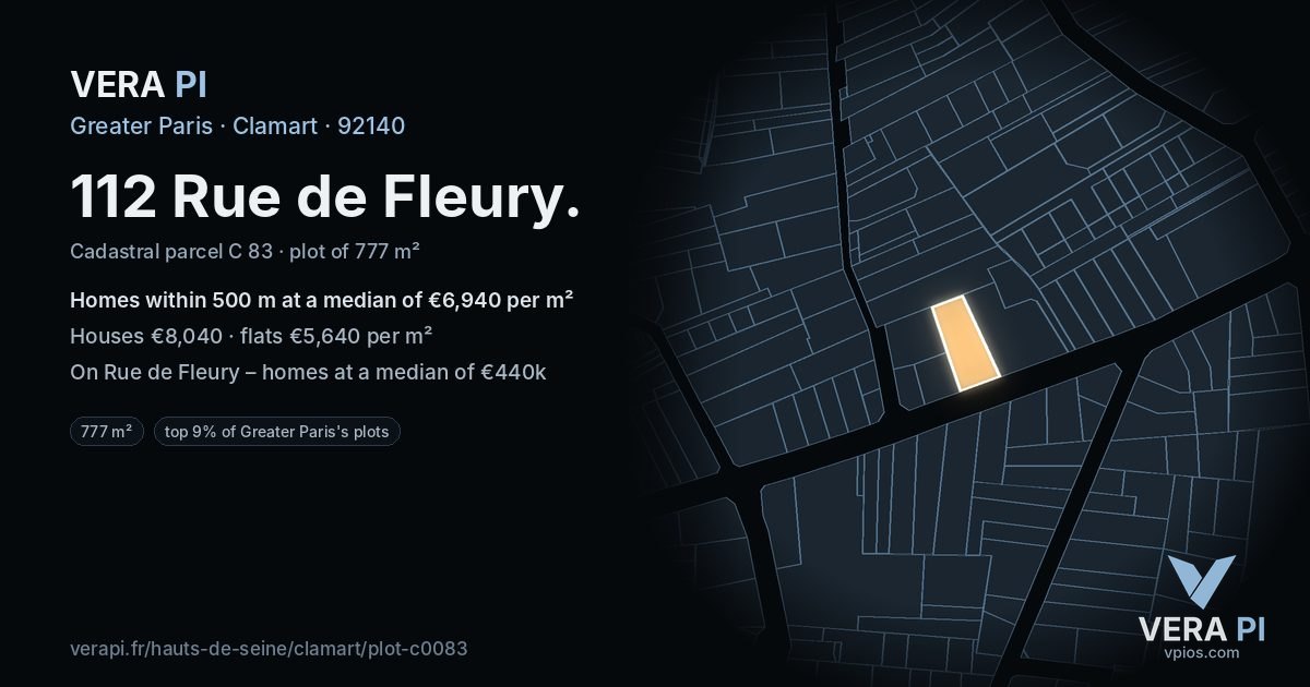 112 Rue de Fleury, Clamart at night – the plot lit, the parcels around coloured by the prices near them