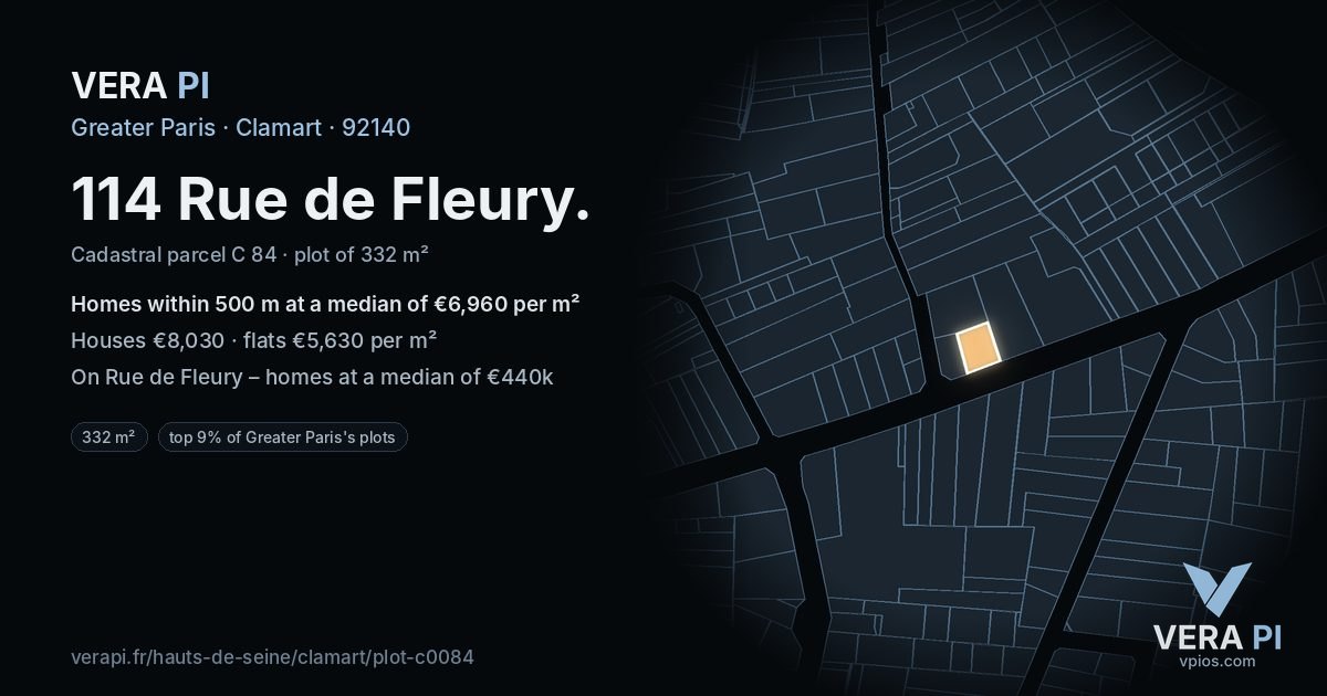 114 Rue de Fleury, Clamart at night – the plot lit, the parcels around coloured by the prices near them