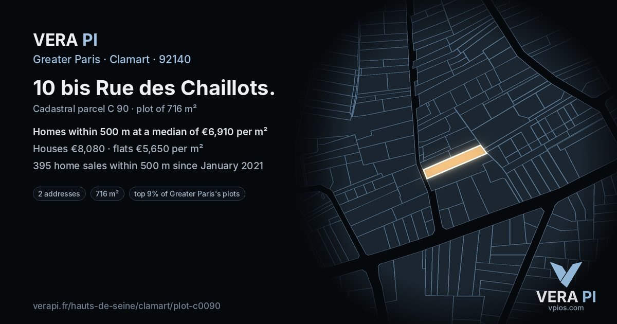 10 bis Rue des Chaillots, Clamart at night – the plot lit, the parcels around coloured by the prices near them