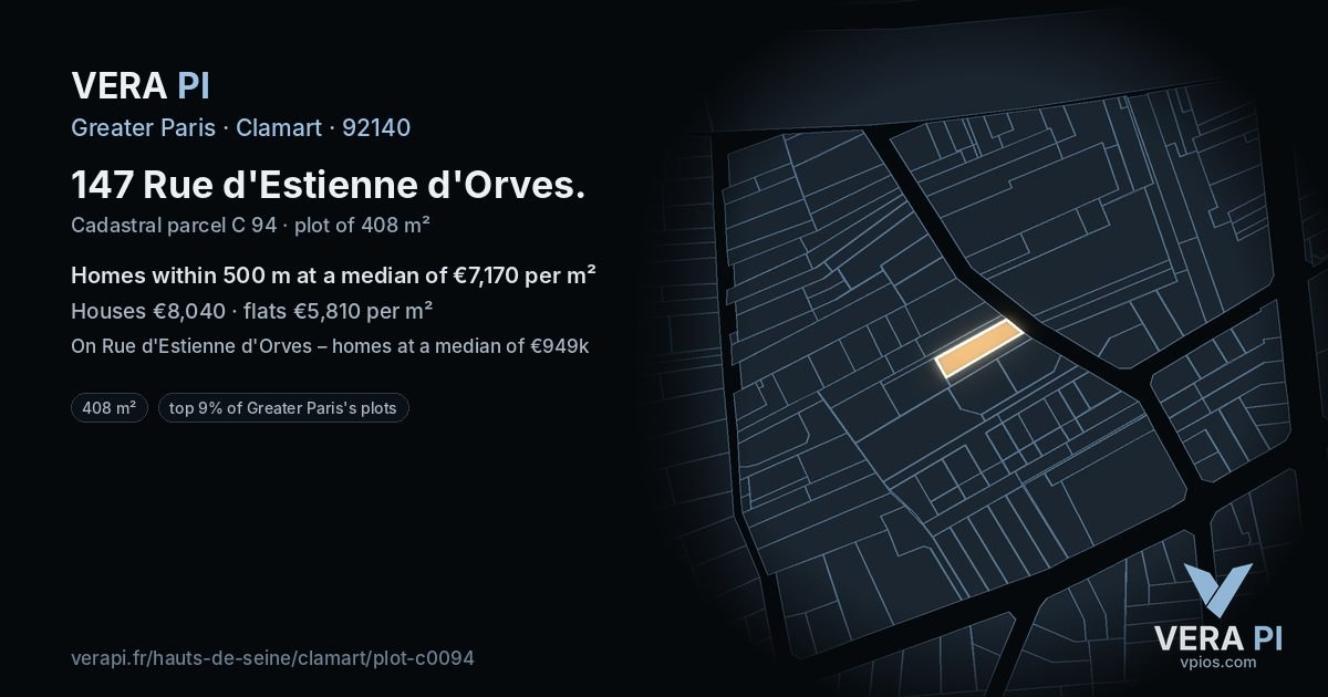 147 Rue d'Estienne d'Orves, Clamart at night – the plot lit, the parcels around coloured by the prices near them