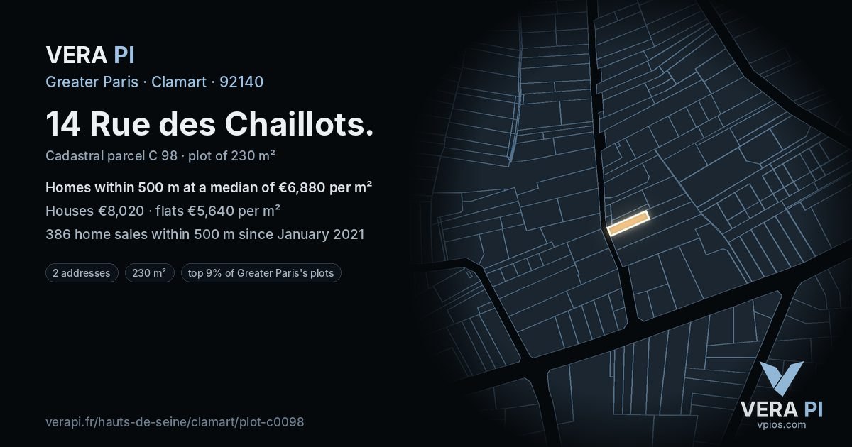 14 Rue des Chaillots, Clamart at night – the plot lit, the parcels around coloured by the prices near them