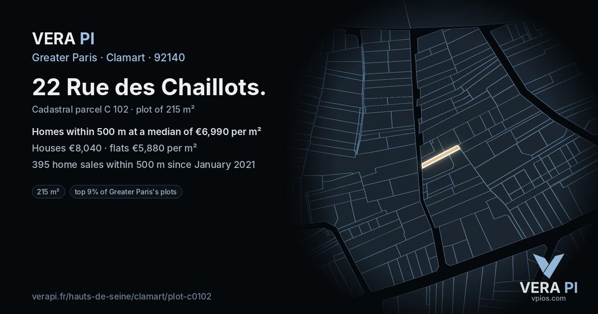 22 Rue des Chaillots, Clamart at night – the plot lit, the parcels around coloured by the prices near them