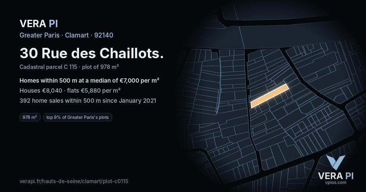 30 Rue des Chaillots, Clamart at night – the plot lit, the parcels around coloured by the prices near them