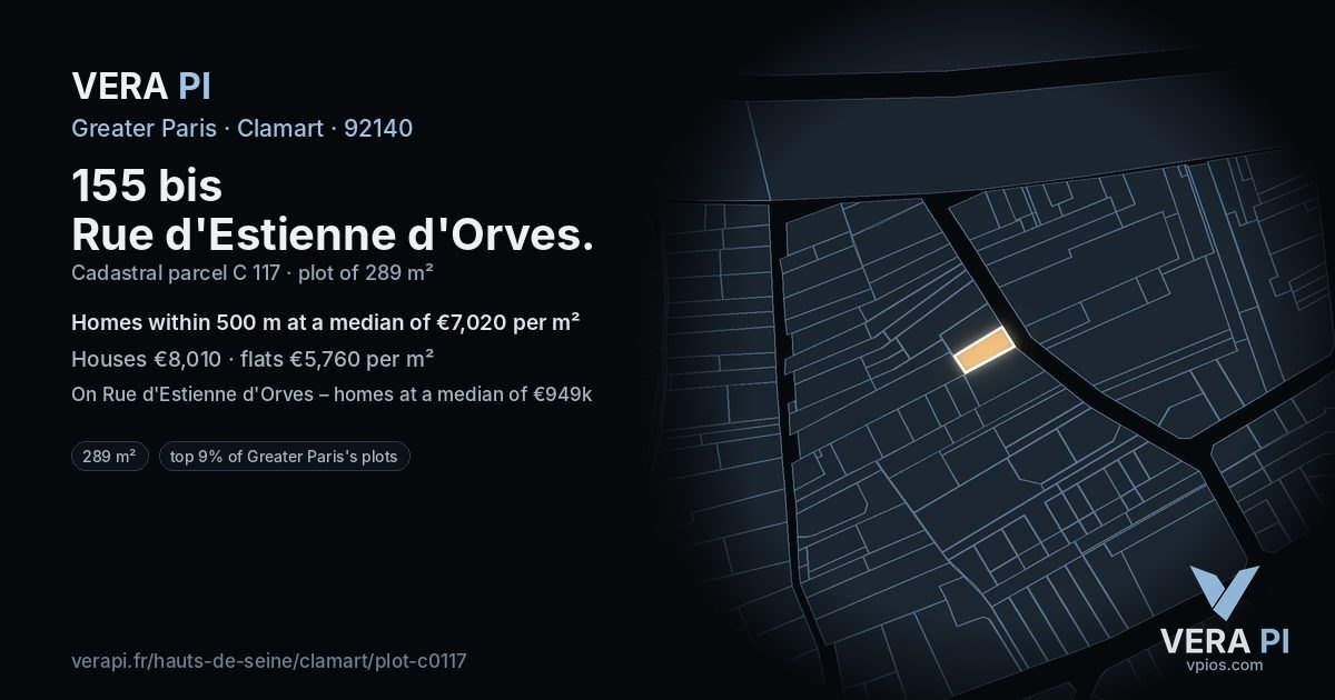 155 bis Rue d'Estienne d'Orves, Clamart at night – the plot lit, the parcels around coloured by the prices near them