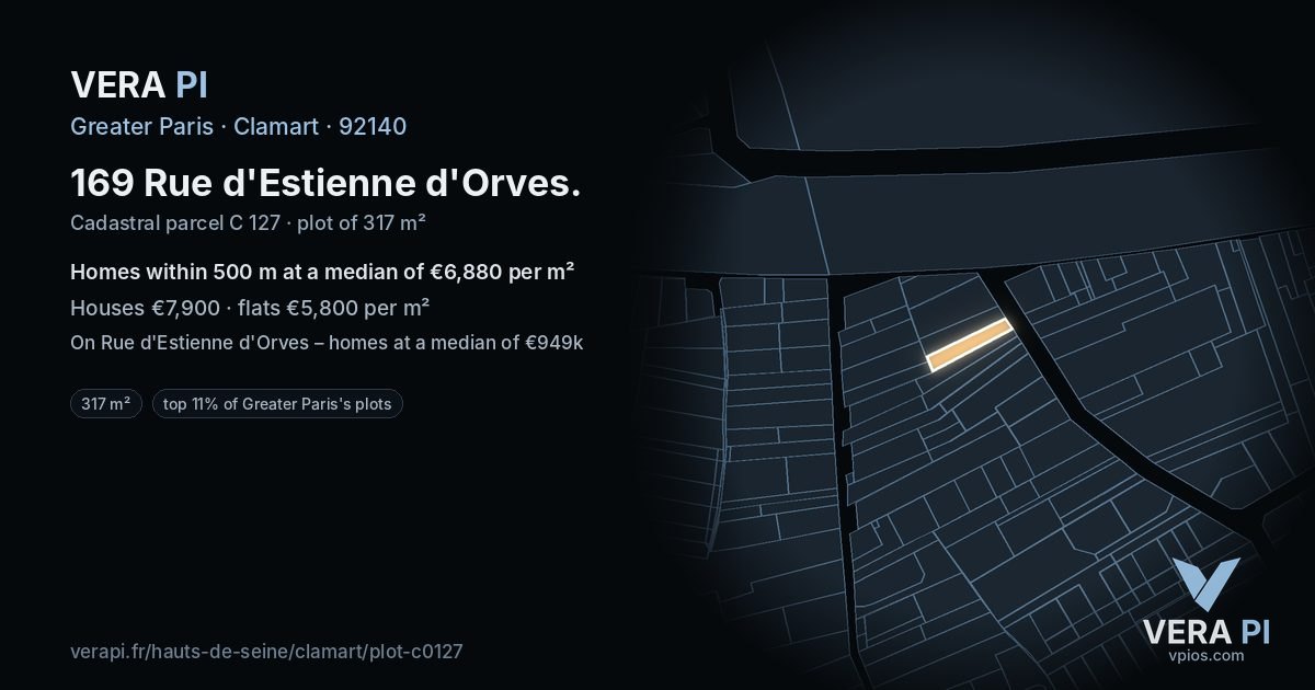169 Rue d'Estienne d'Orves, Clamart at night – the plot lit, the parcels around coloured by the prices near them