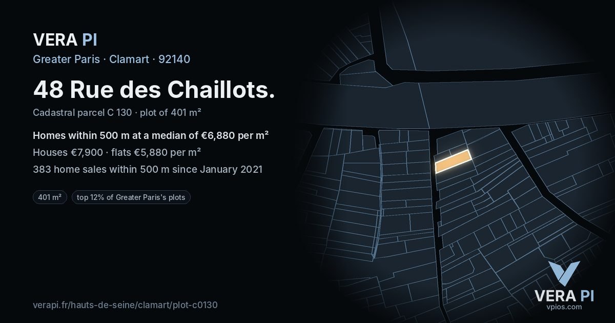 48 Rue des Chaillots, Clamart at night – the plot lit, the parcels around coloured by the prices near them