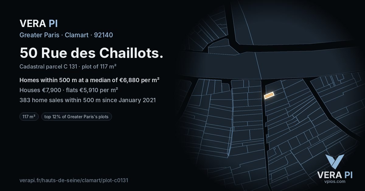 50 Rue des Chaillots, Clamart at night – the plot lit, the parcels around coloured by the prices near them