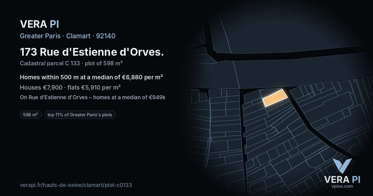173 Rue d'Estienne d'Orves, Clamart at night – the plot lit, the parcels around coloured by the prices near them