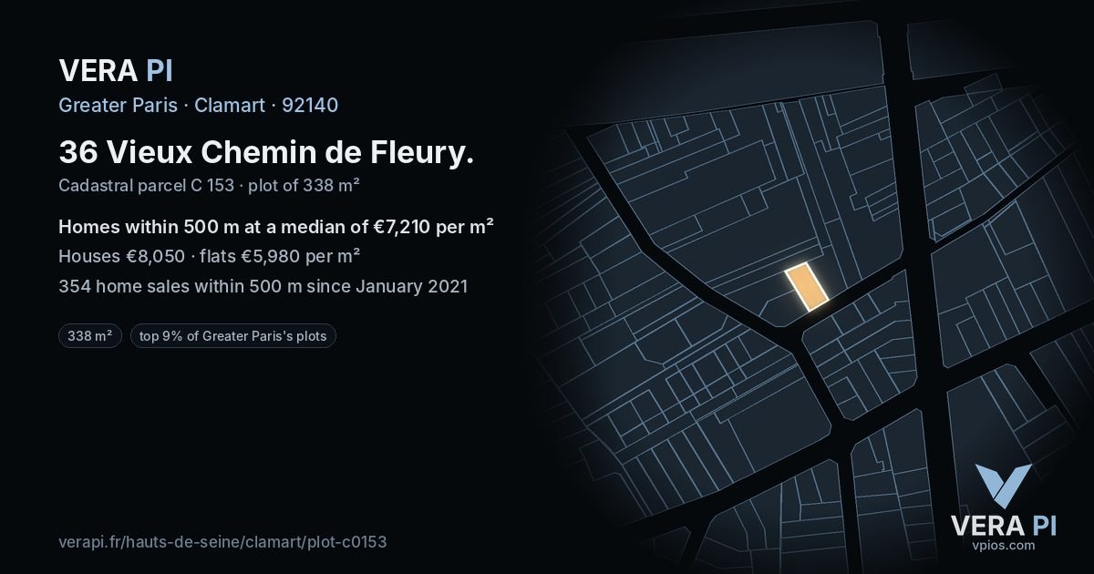 36 Vieux Chemin de Fleury, Clamart at night – the plot lit, the parcels around coloured by the prices near them
