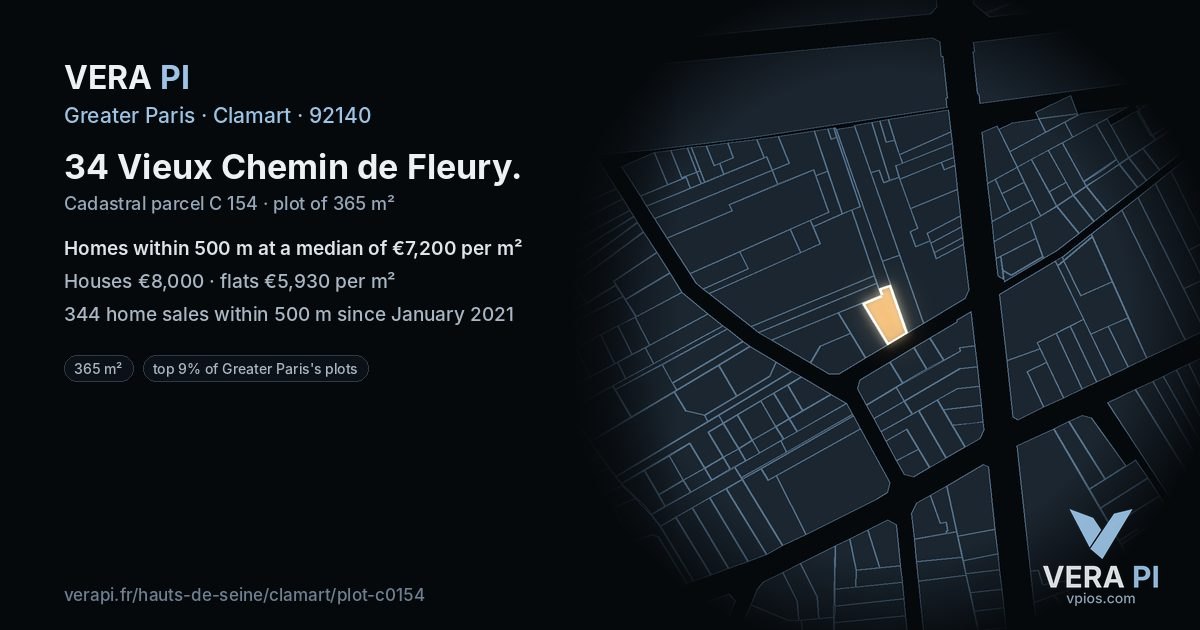 34 Vieux Chemin de Fleury, Clamart at night – the plot lit, the parcels around coloured by the prices near them