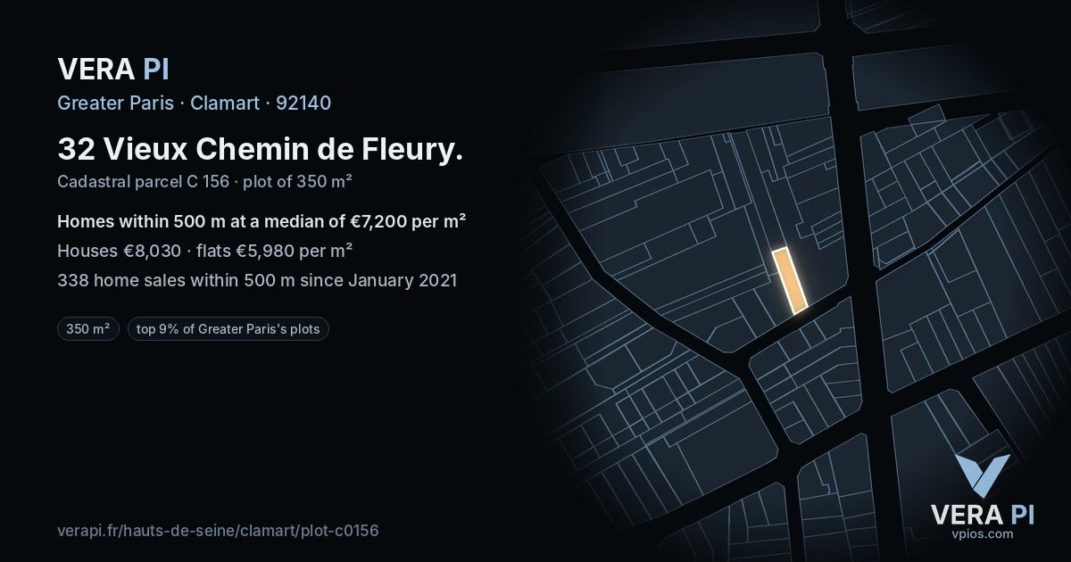 32 Vieux Chemin de Fleury, Clamart at night – the plot lit, the parcels around coloured by the prices near them