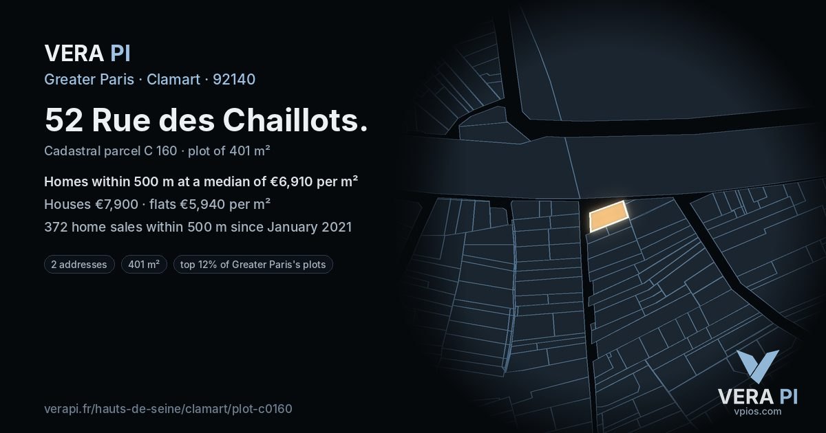 52 Rue des Chaillots, Clamart at night – the plot lit, the parcels around coloured by the prices near them