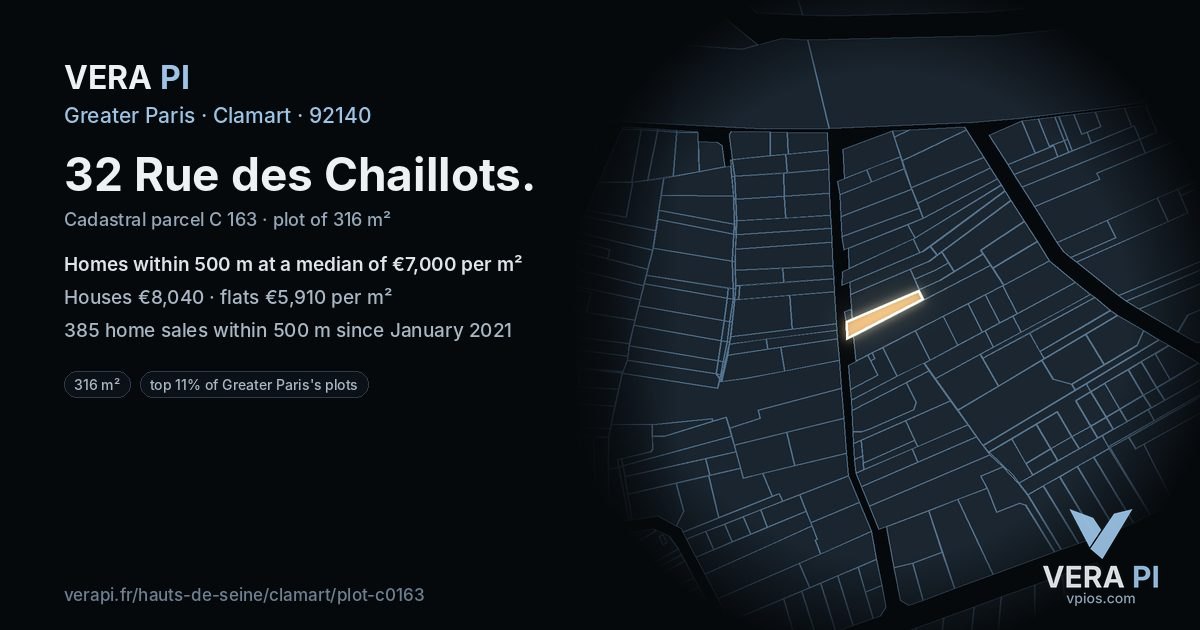 32 Rue des Chaillots, Clamart at night – the plot lit, the parcels around coloured by the prices near them