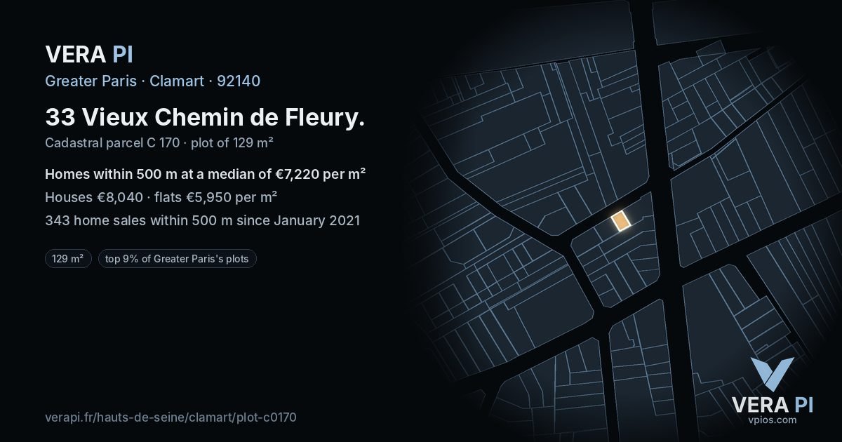 33 Vieux Chemin de Fleury, Clamart at night – the plot lit, the parcels around coloured by the prices near them